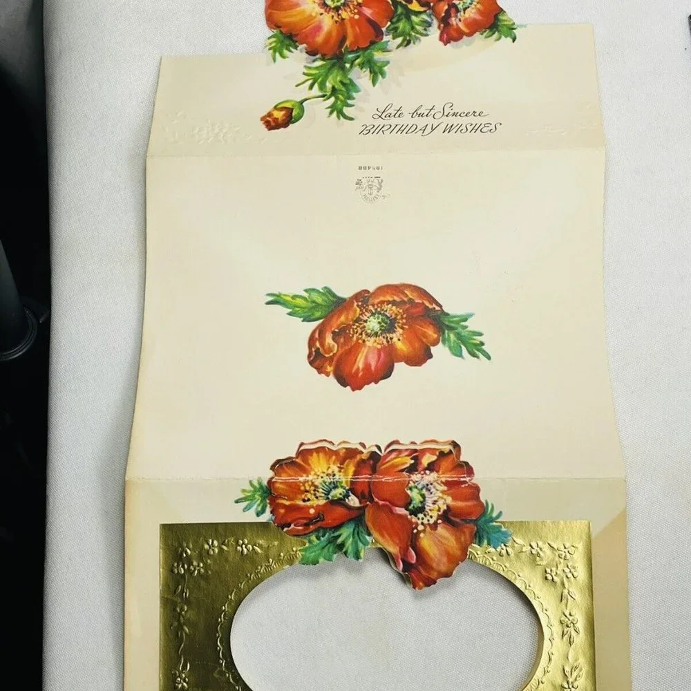 Vintage UNUSED Belated Birthday Poppy Die-Cut Embossed Artistic Greeting Card